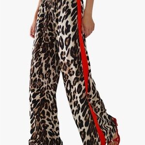 Leopard Print Wide-Leg Pants with Red Stripe